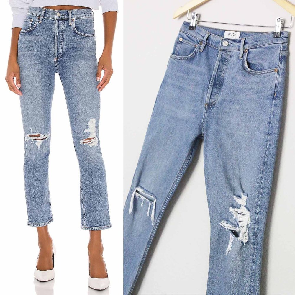 AGOLDE Riley High Rise Straight Crop Jeans 27 Whiplash Stretch Distressed $198